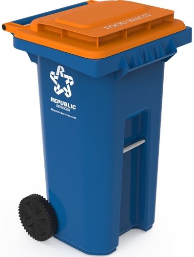 A blue Republic organics recycling cart with an orange lid that says Food Waste